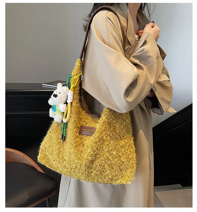 Women Woolen Shoulder Bag Yellow Large Capacity 2024 — feature 2