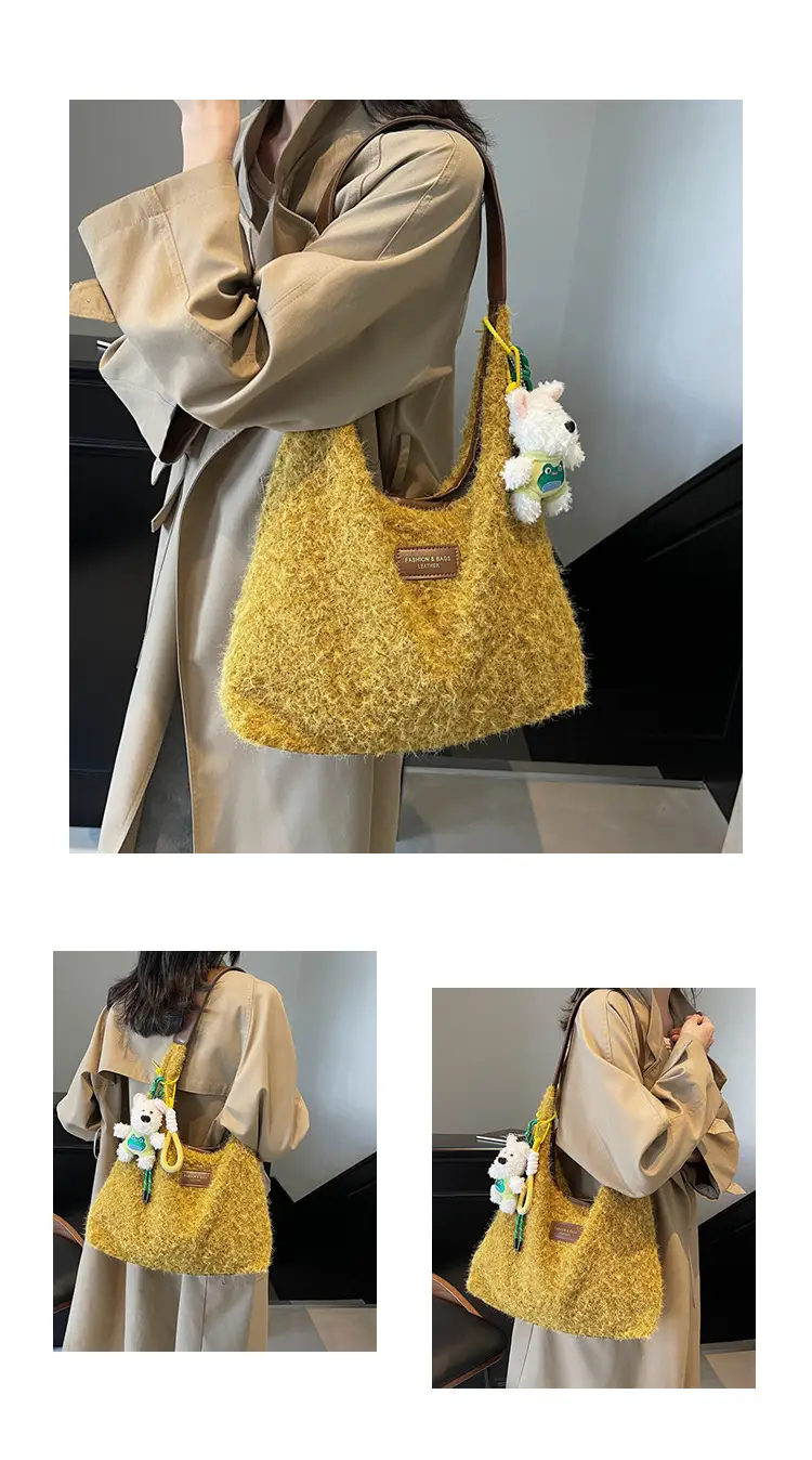 Women Woolen Shoulder Bag Yellow Large Capacity 2024 — feature 21
