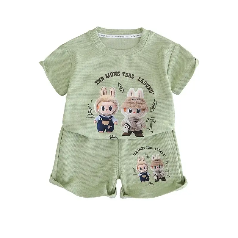 Boys Girls Shorts Set Green Cartoon Print Summer Wear - Image 19