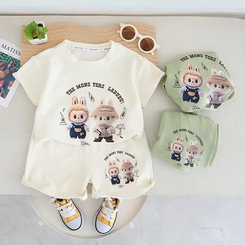 Boys Girls Shorts Set Green Cartoon Print Summer Wear — feature 3