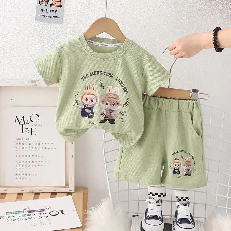 Boys Girls Shorts Set Green Cartoon Print Summer Wear — feature 8