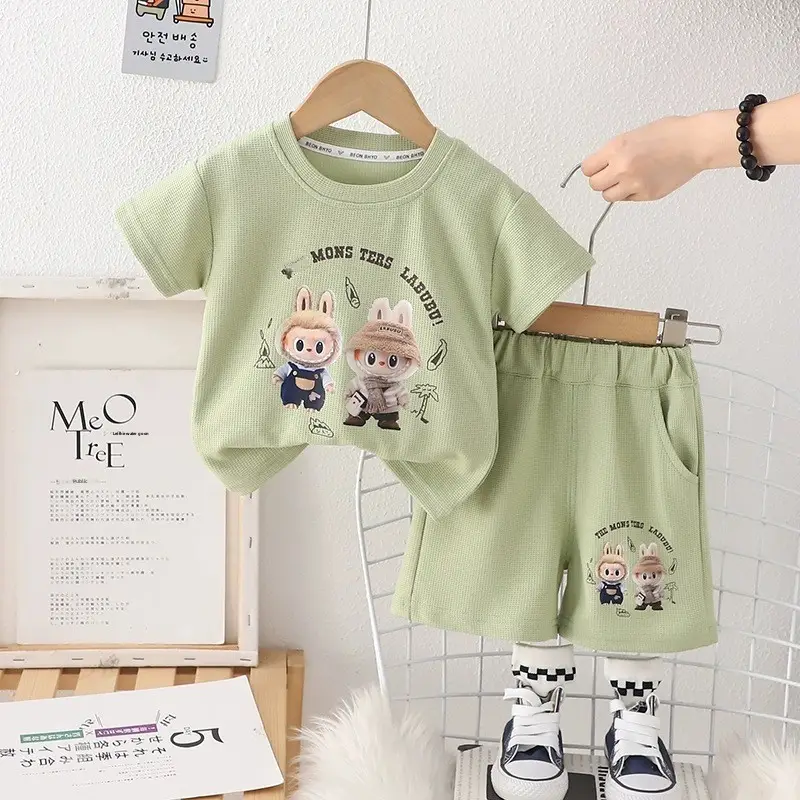 Boys Girls Shorts Set Green Cartoon Print Summer Wear - Image 12