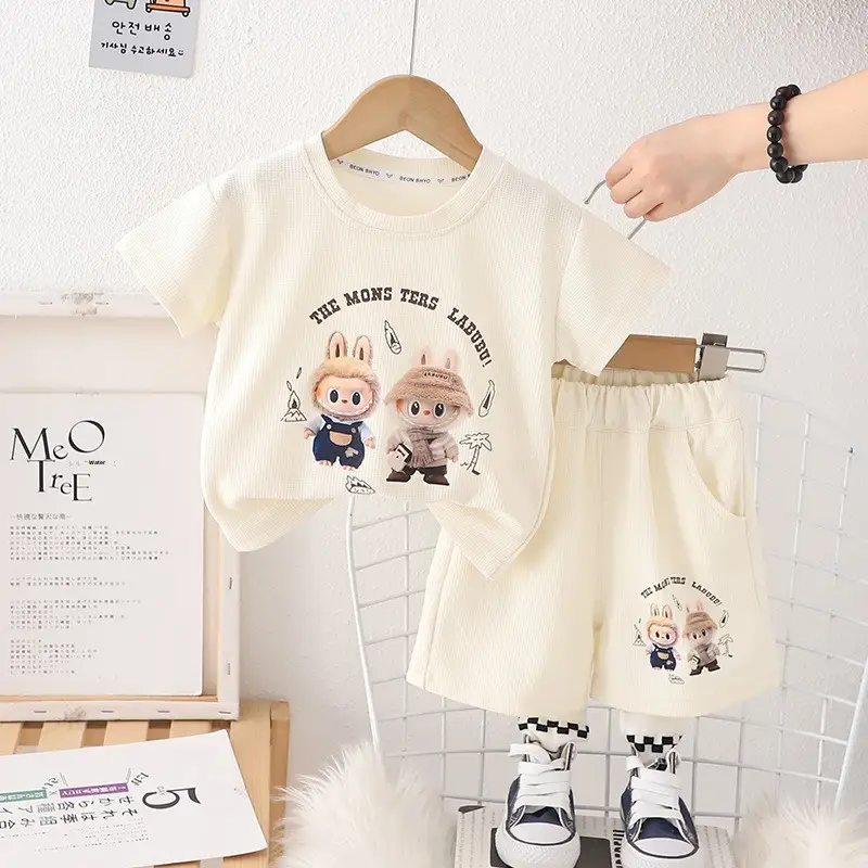 Boys Girls Shorts Set Green Cartoon Print Summer Wear - Image 4