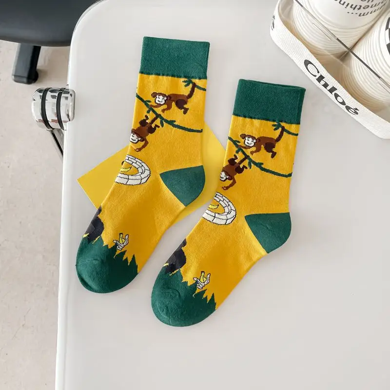 Happy Trendy Men and Women Couple Trendy Socks Men's Long Tube Cotton Socks Animal Colorful Fruit Jacquard Socks