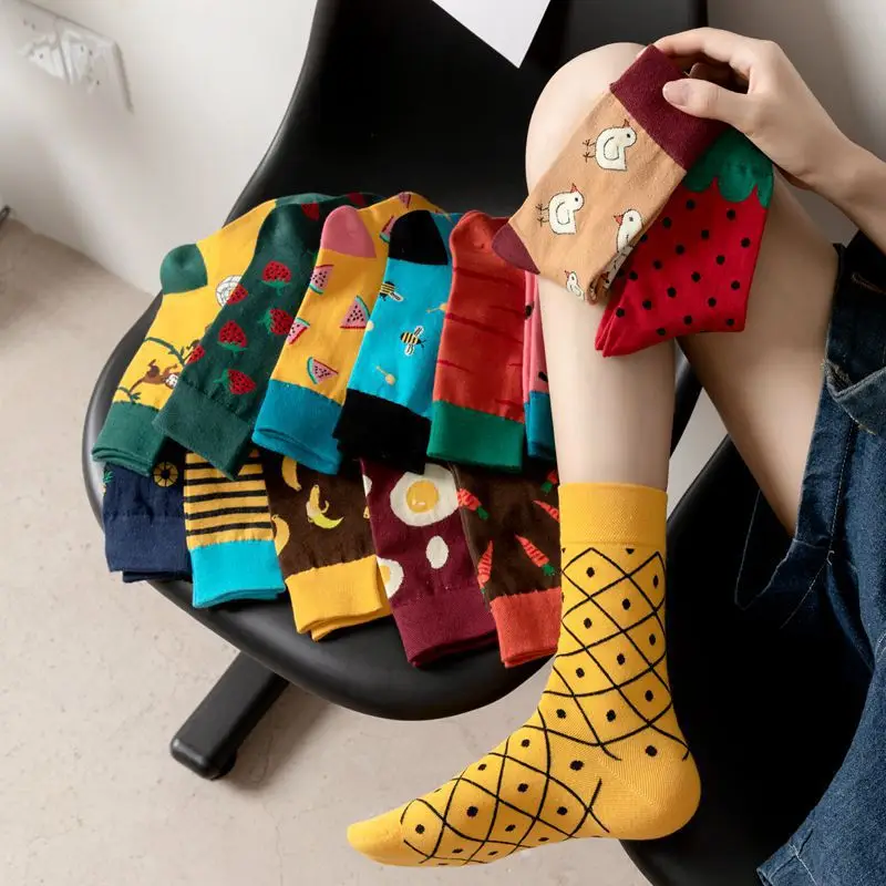 Happy Trendy Men and Women Couple Trendy Socks Men's Long Tube Cotton Socks Animal Colorful Fruit Jacquard Socks