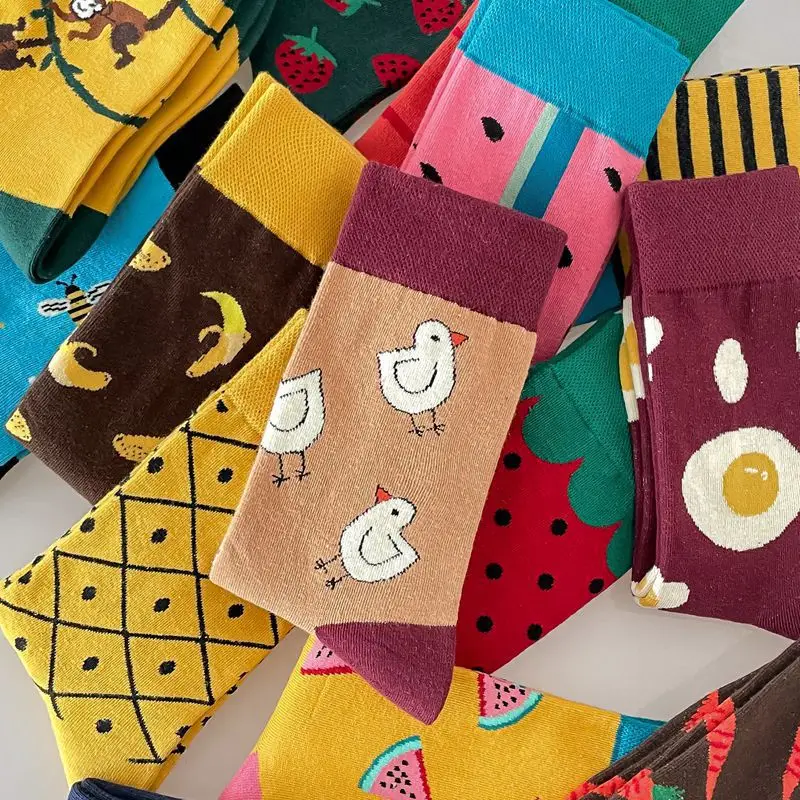 Happy Trendy Men and Women Couple Trendy Socks Men's Long Tube Cotton Socks Animal Colorful Fruit Jacquard Socks