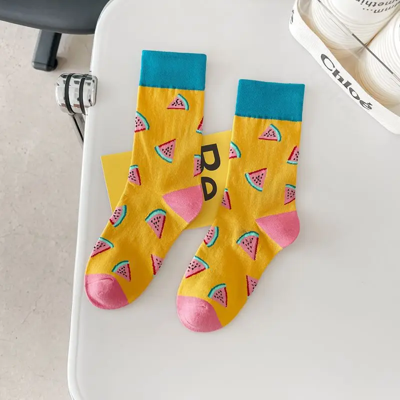 Happy Trendy Men and Women Couple Trendy Socks Men's Long Tube Cotton Socks Animal Colorful Fruit Jacquard Socks