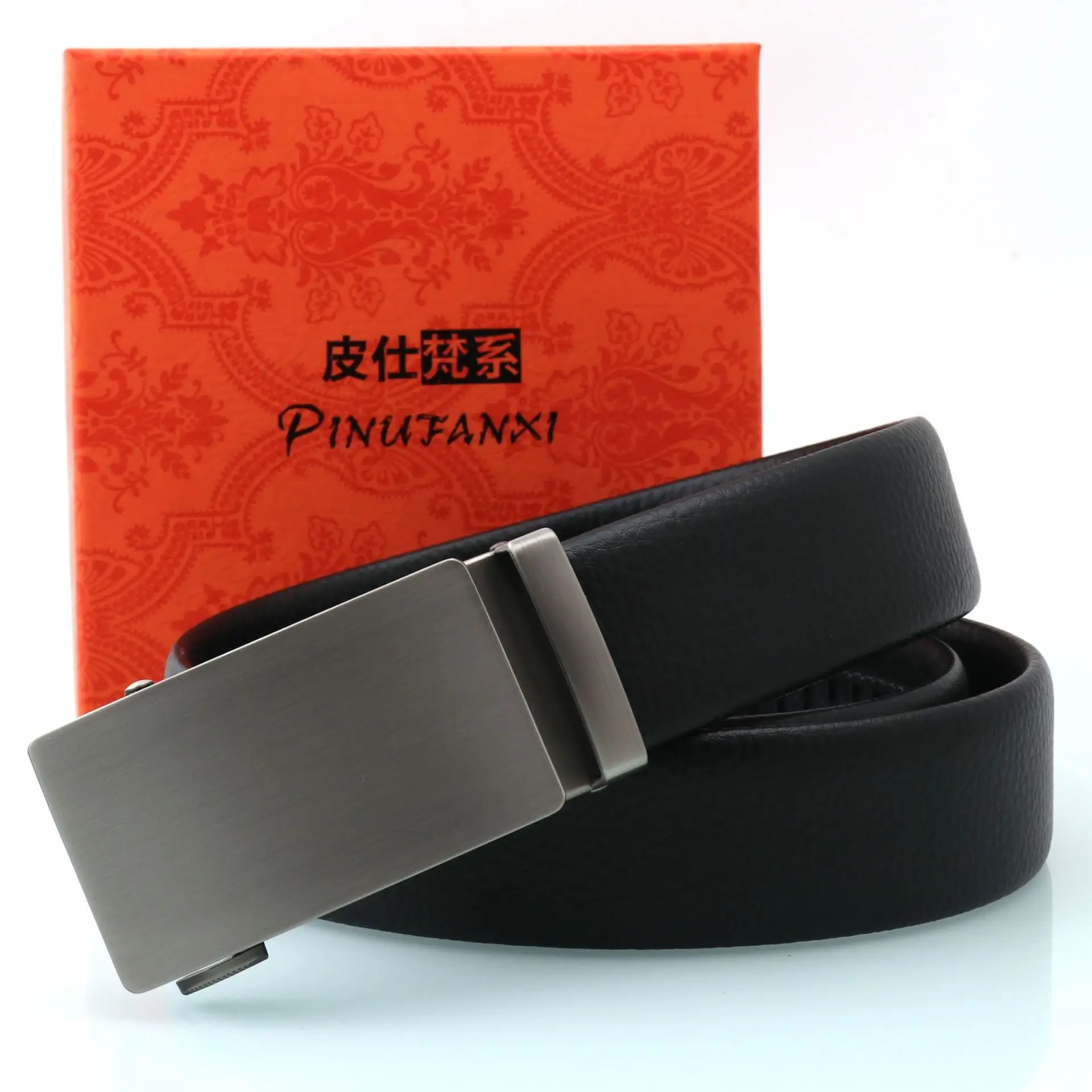 Men's Leather Belt with Brushed Buckle Black - Image 5