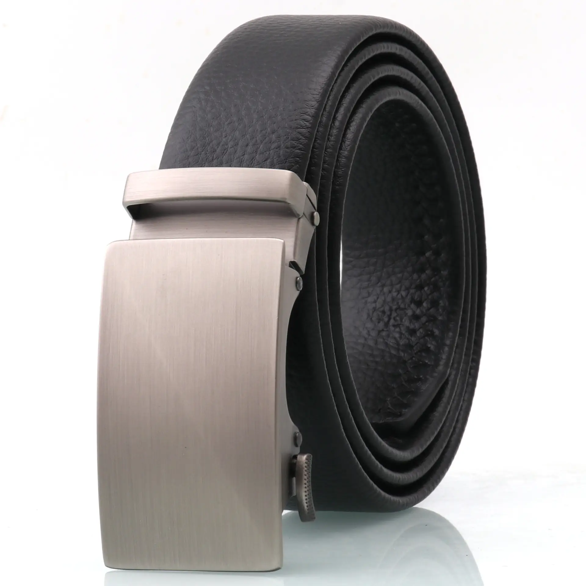 Men's Leather Belt with Brushed Buckle Black - Image 2