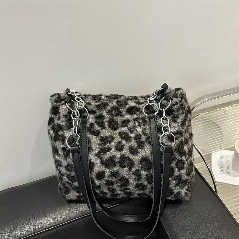 Mao Mao Plaid Leopard Print Shoulder Tote Bag