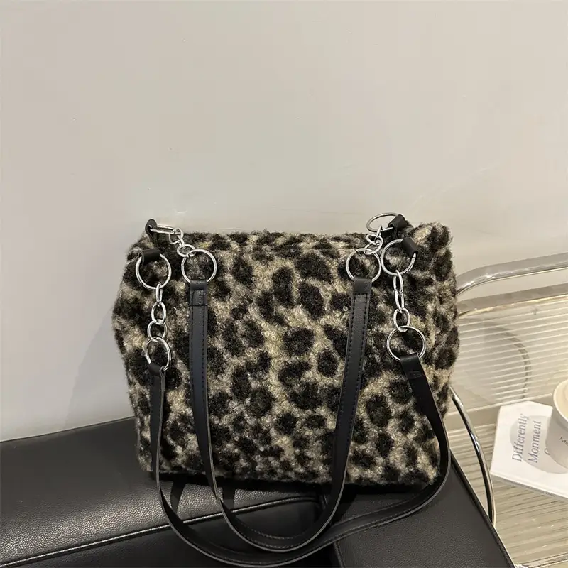 Mao Mao Plaid Leopard Print Shoulder Tote Bag