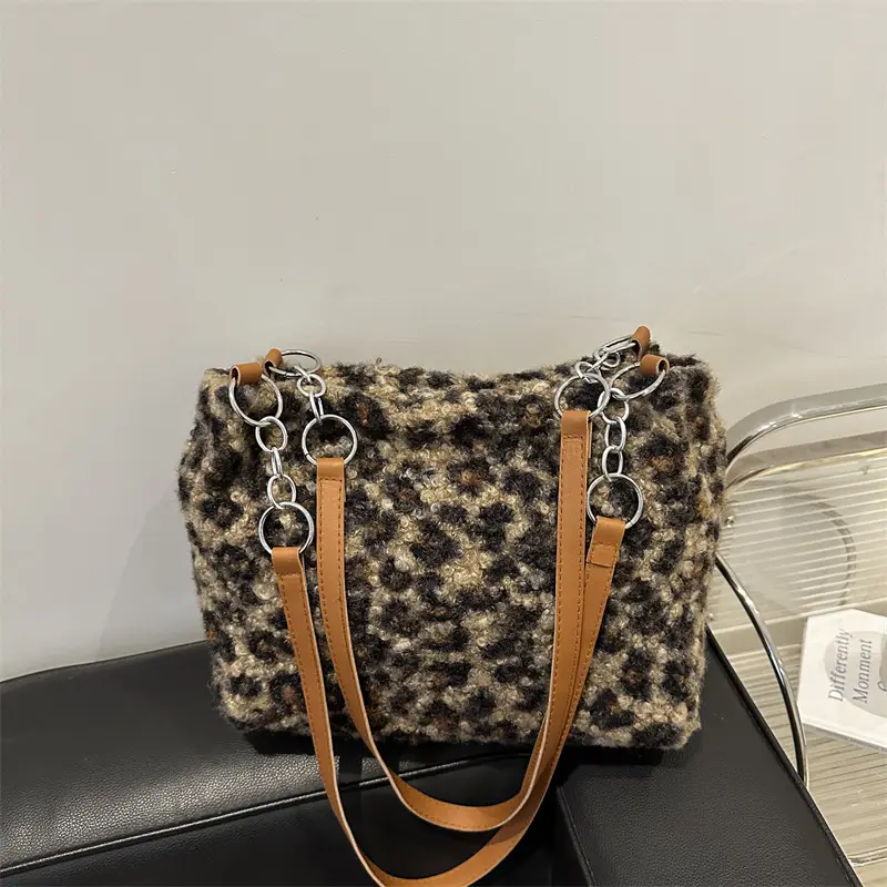 Mao Mao Plaid Leopard Print Shoulder Tote Bag
