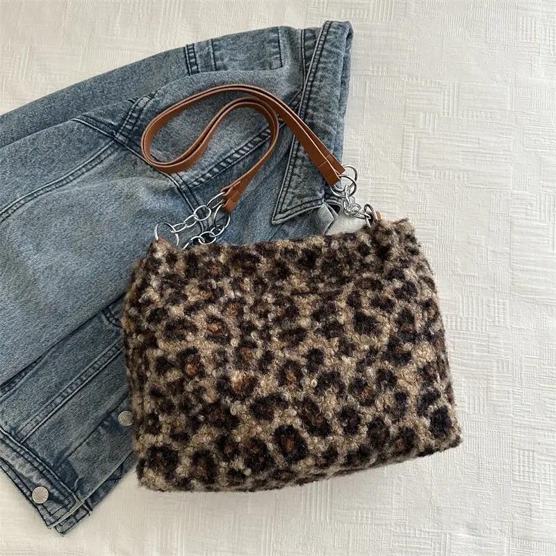 Mao Mao Plaid Leopard Print Shoulder Tote Bag