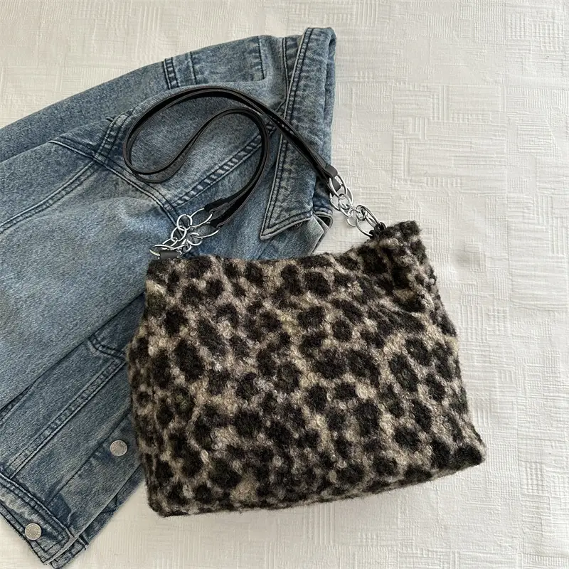 Mao Mao Plaid Leopard Print Shoulder Tote Bag