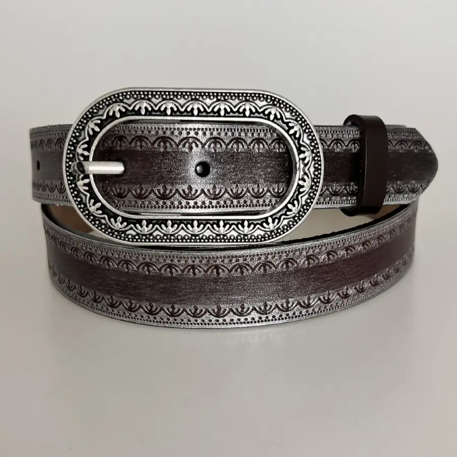 Vintage Black Embossed Leather Belt with Silver Buckle - Image 7