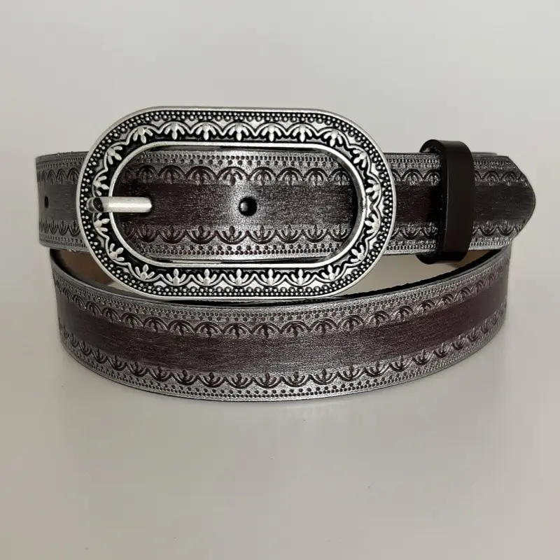Vintage Black Embossed Leather Belt with Silver Buckle — feature 1