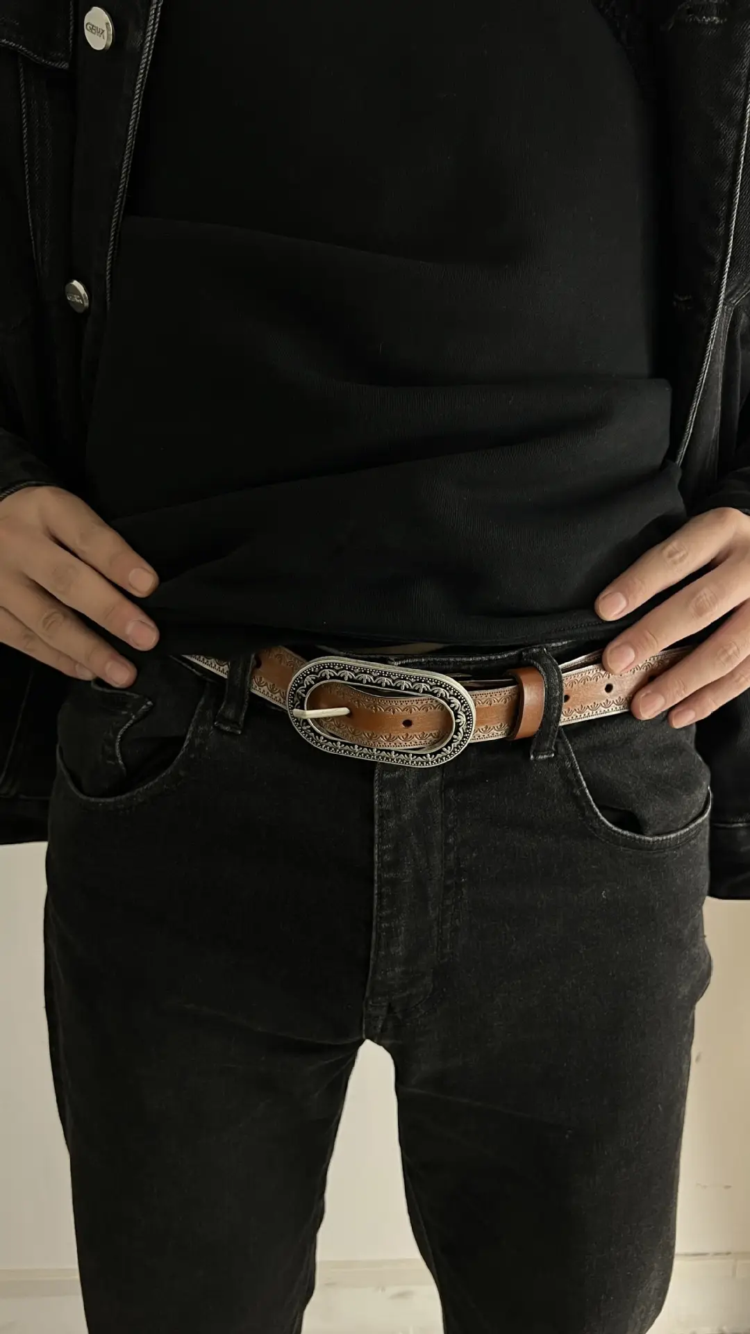 Vintage Black Embossed Leather Belt with Silver Buckle — feature 10
