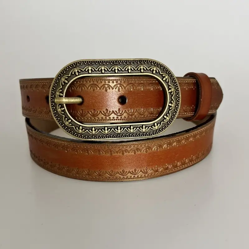 Vintage Black Embossed Leather Belt with Silver Buckle — feature 2