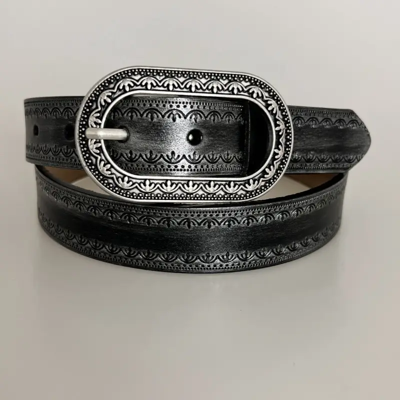Vintage Black Embossed Leather Belt with Silver Buckle — feature 3