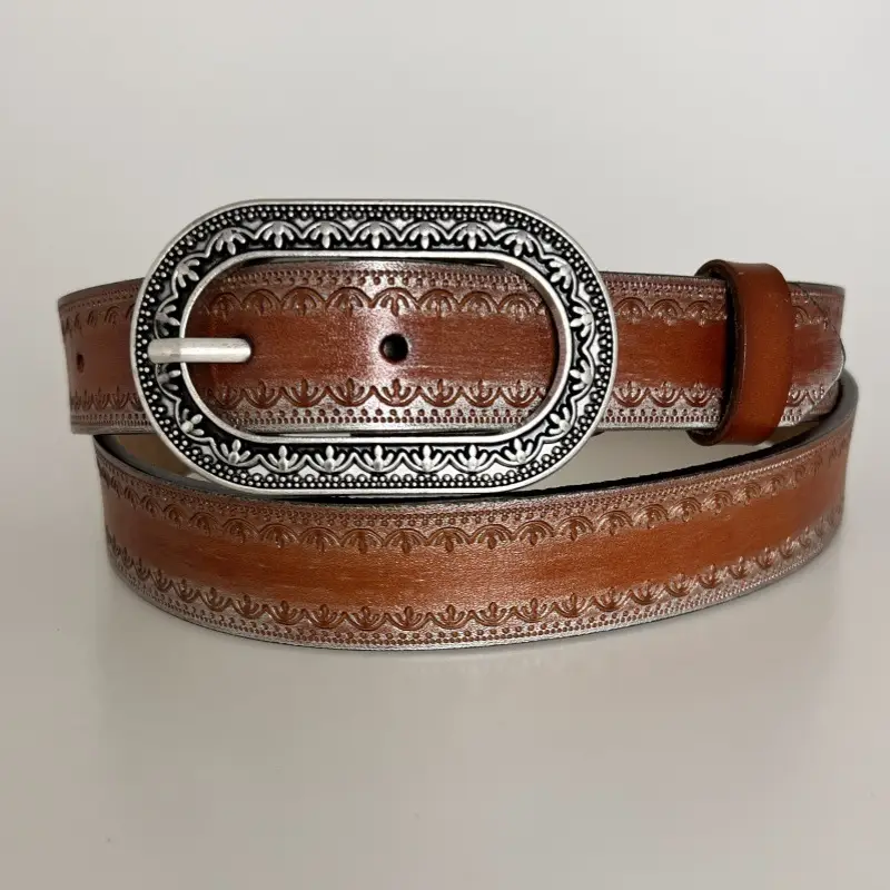 Vintage Black Embossed Leather Belt with Silver Buckle — feature 4