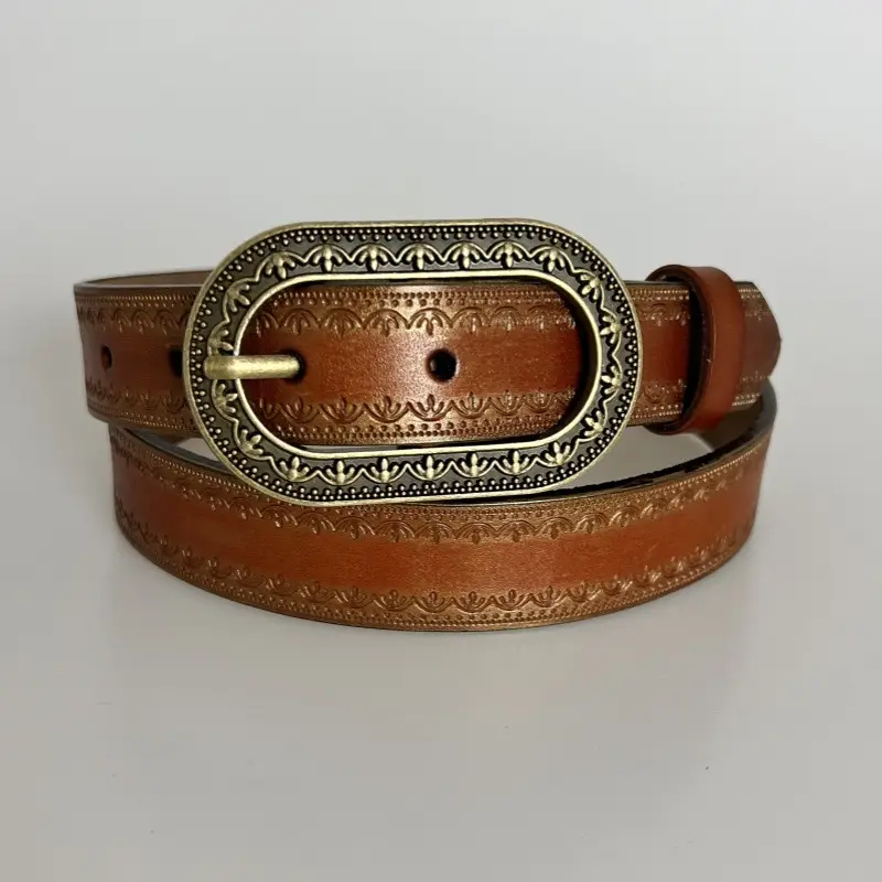 Vintage Black Embossed Leather Belt with Silver Buckle — feature 5