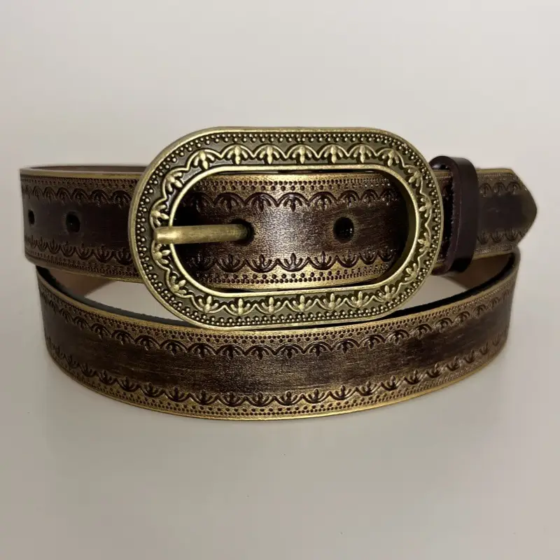 Vintage Black Embossed Leather Belt with Silver Buckle — feature 6