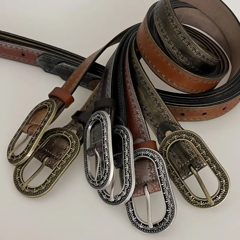 Vintage Black Embossed Leather Belt with Silver Buckle — feature 7