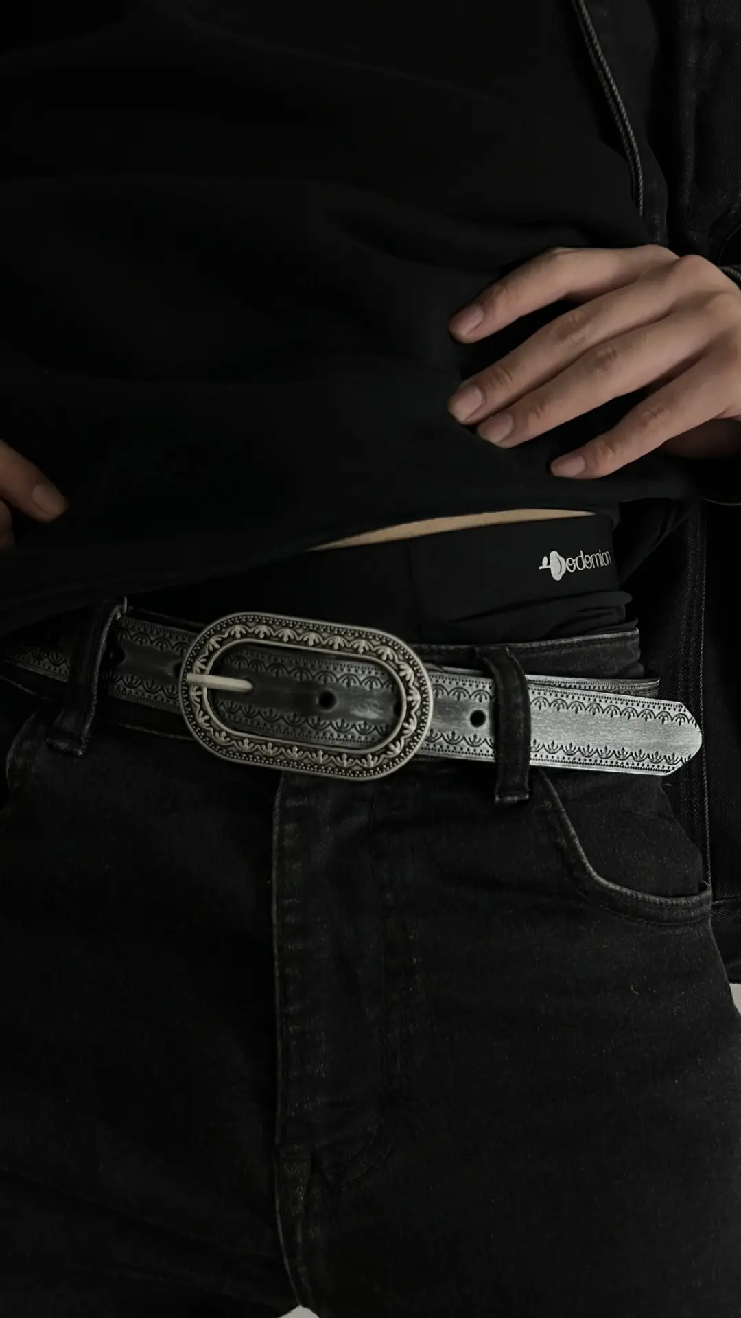 Vintage Black Embossed Leather Belt with Silver Buckle — feature 8