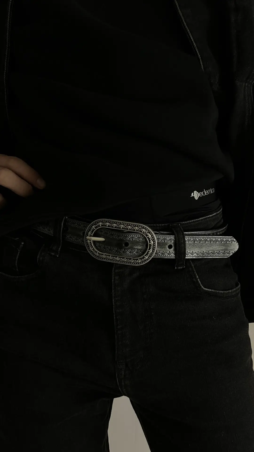 Vintage Black Embossed Leather Belt with Silver Buckle — feature 9