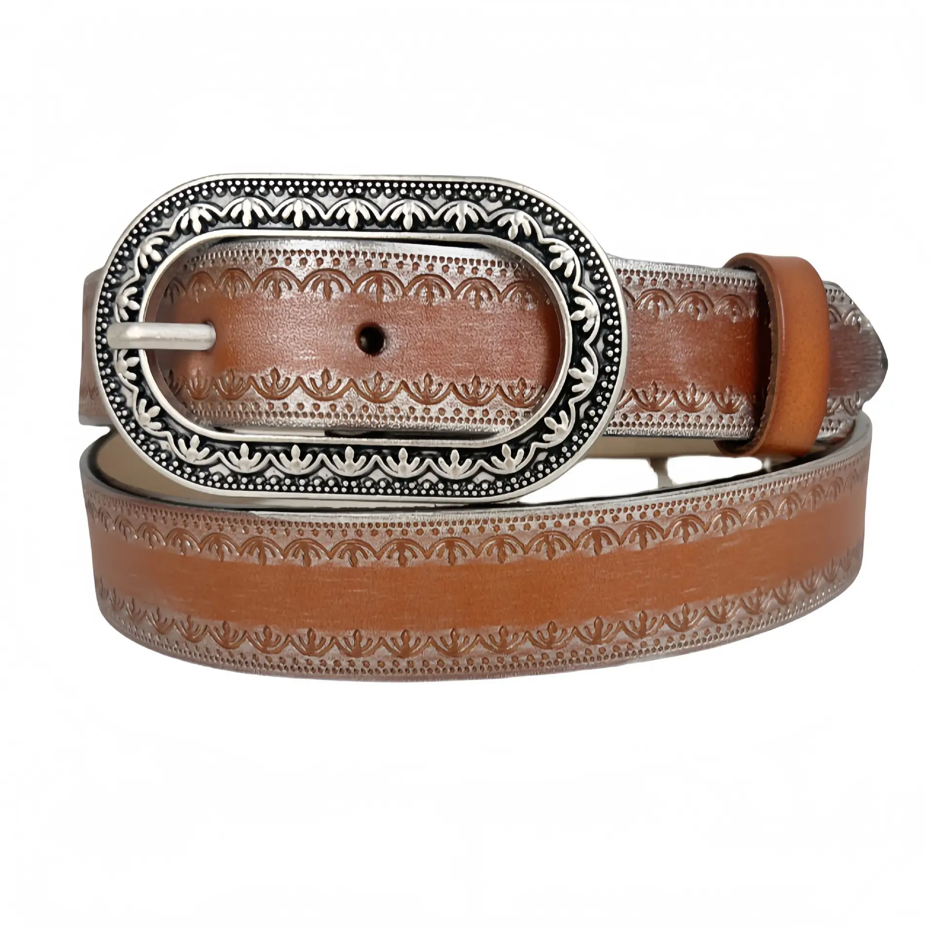 Vintage Black Embossed Leather Belt with Silver Buckle - Image 4