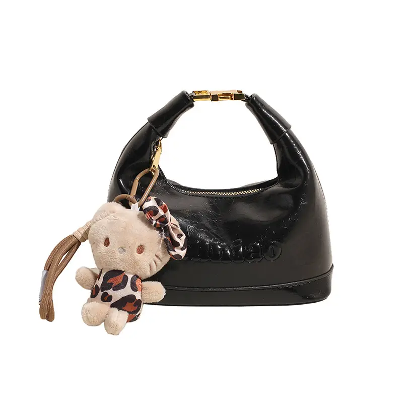 Black Leather Crossbody Bag with Cute Charm