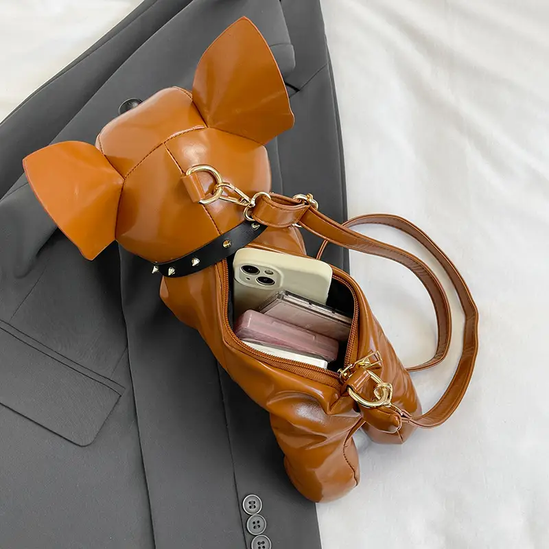 Cute Puppy Crossbody Bag Brown Leather Female Style