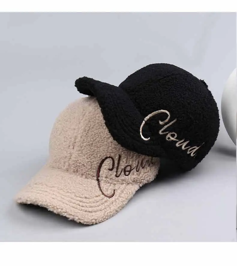 Women's Lamb Velvet Embroidered Baseball Cap Beige — feature 36