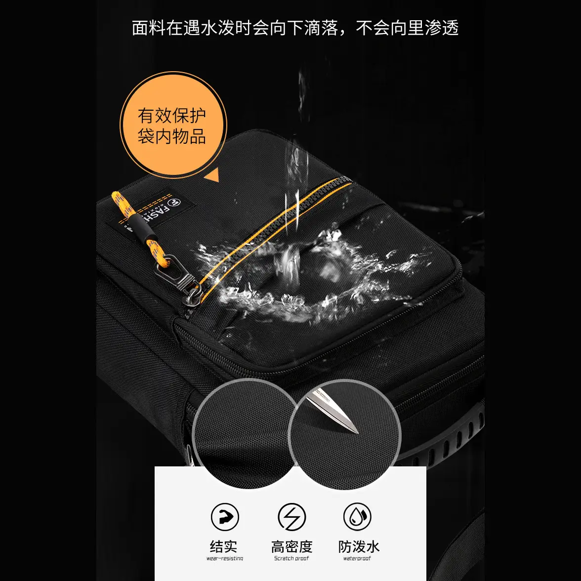 Men's Waterproof Crossbody Bag Black Contrast Color - Image 6