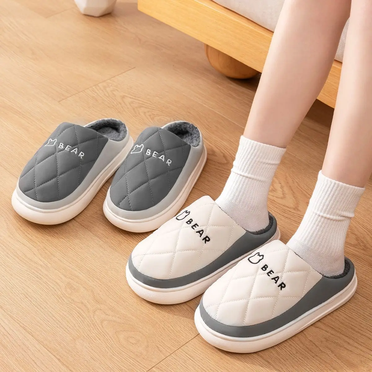 Women Winter Waterproof Cotton Slippers Grey - Image 7
