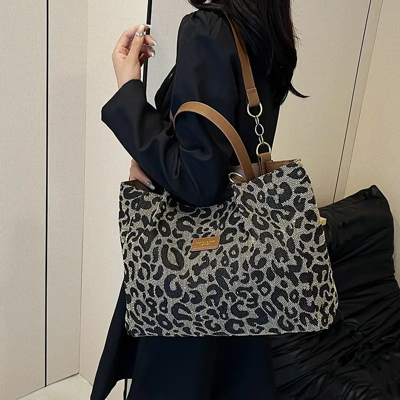 Leopard Print Women's Tote Bag Brown Leather Handle