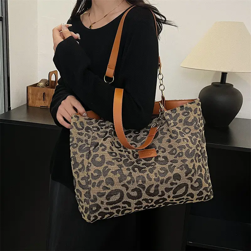 Leopard Print Women's Tote Bag Brown Leather Handle