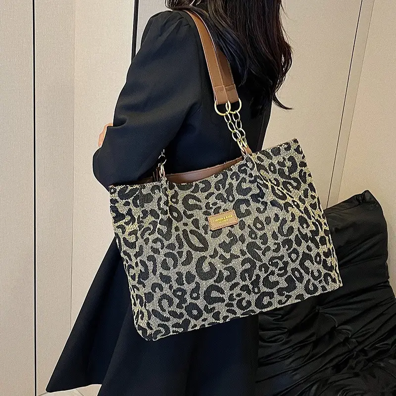Leopard Print Women's Tote Bag Brown Leather Handle