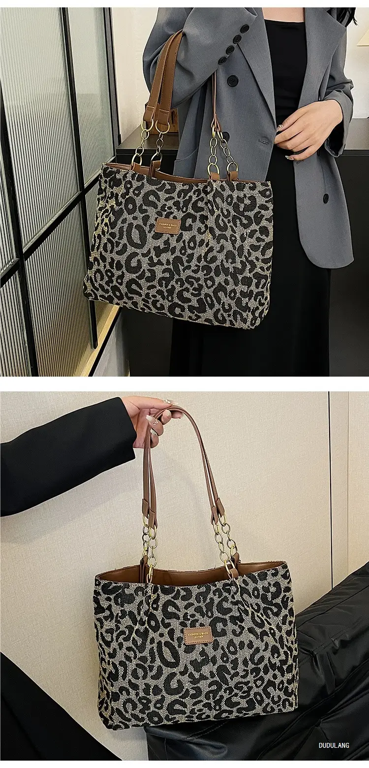 Leopard Print Women's Tote Bag Brown Leather Handle — feature 10