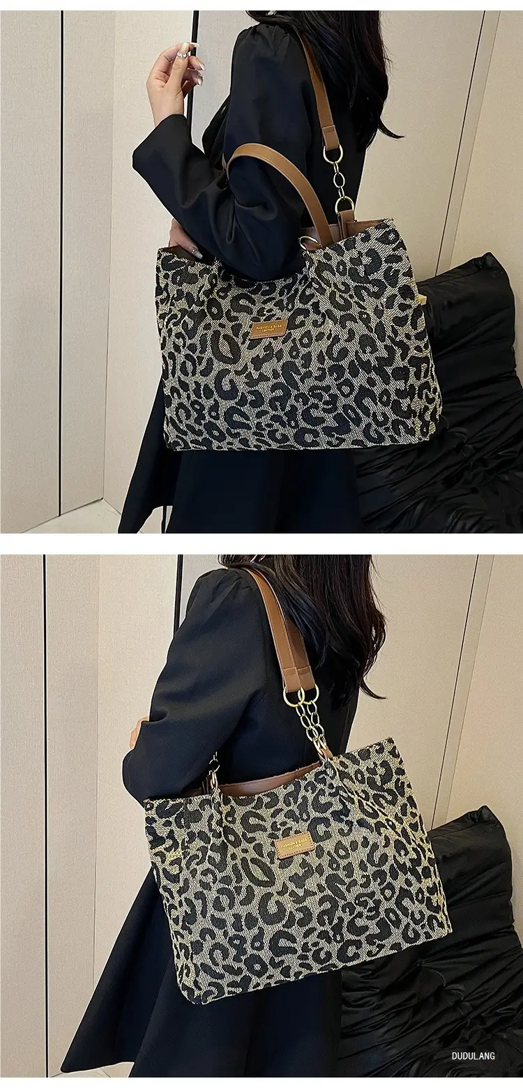 Leopard Print Women's Tote Bag Brown Leather Handle — feature 11