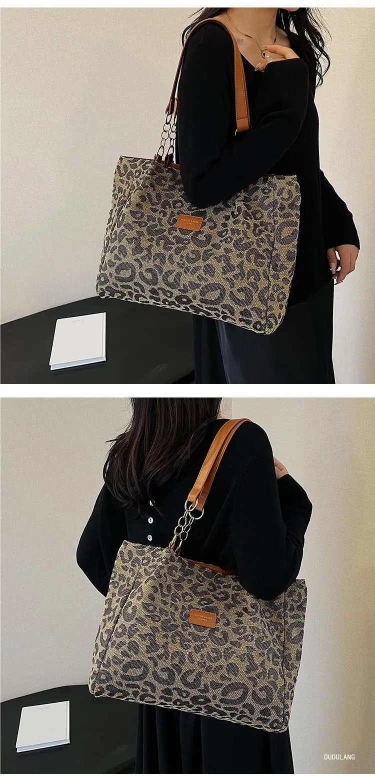 Leopard Print Women's Tote Bag Brown Leather Handle — feature 14