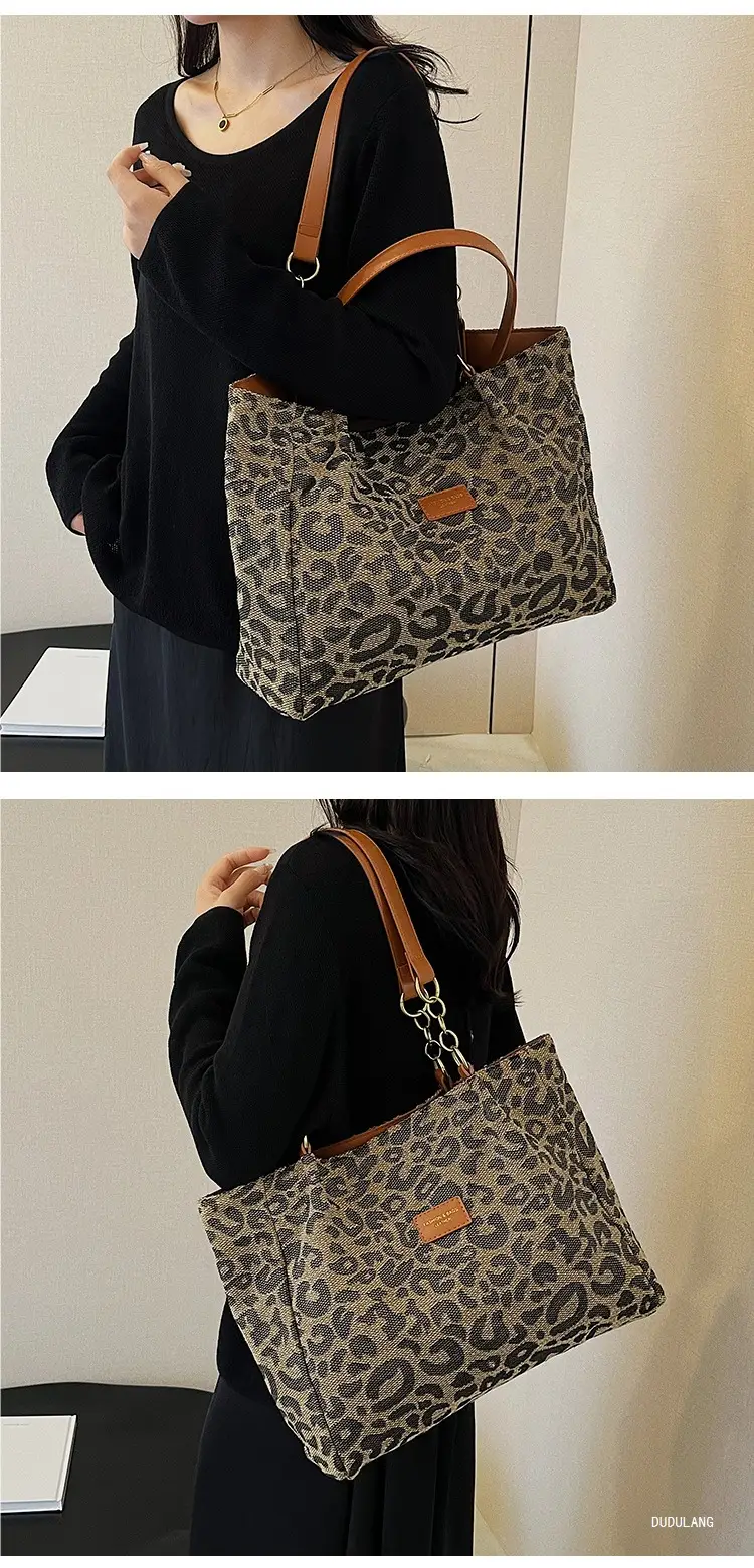 Leopard Print Women's Tote Bag Brown Leather Handle — feature 15