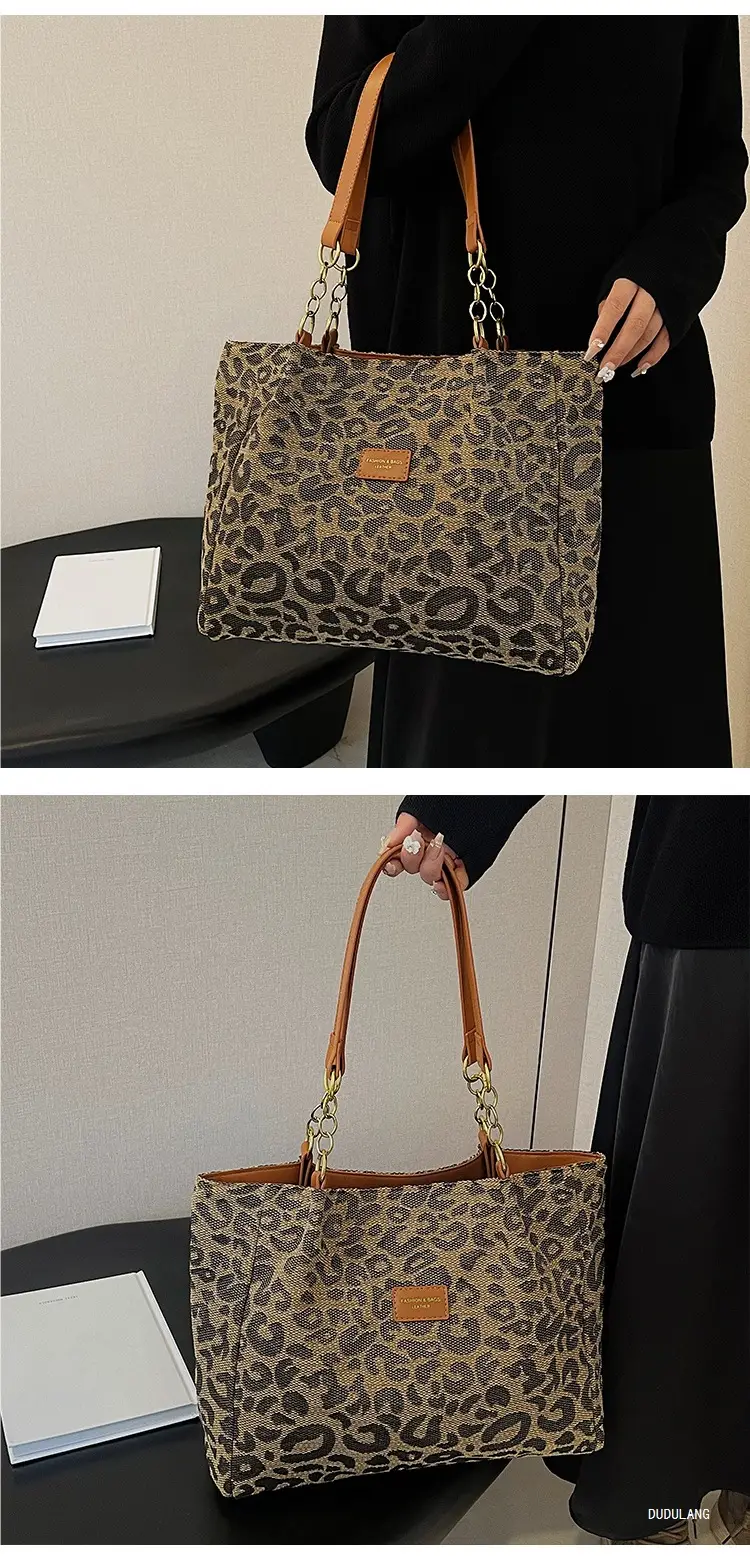 Leopard Print Women's Tote Bag Brown Leather Handle — feature 16