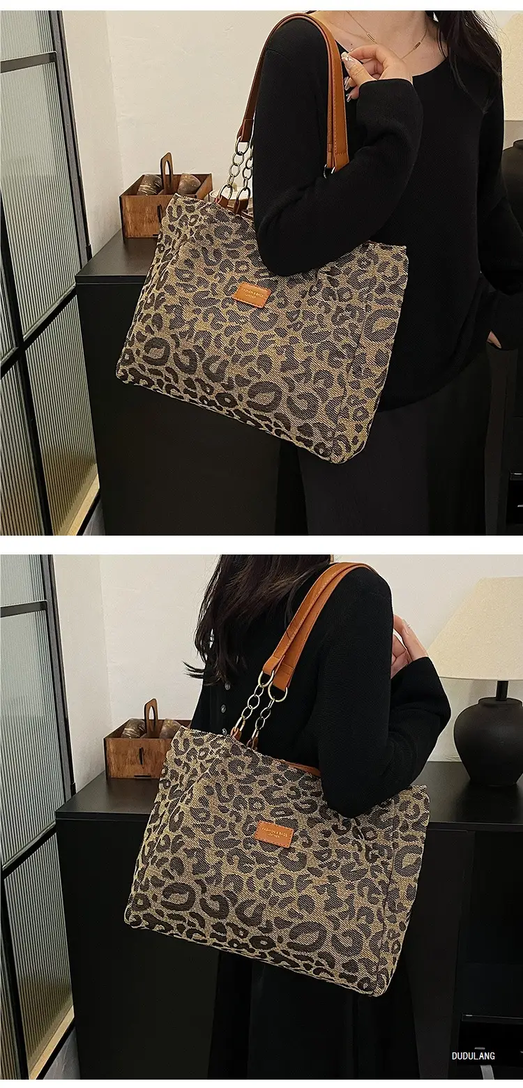 Leopard Print Women's Tote Bag Brown Leather Handle — feature 17