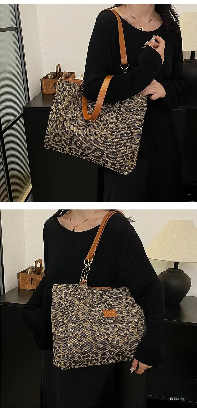Leopard Print Women's Tote Bag Brown Leather Handle — feature 18