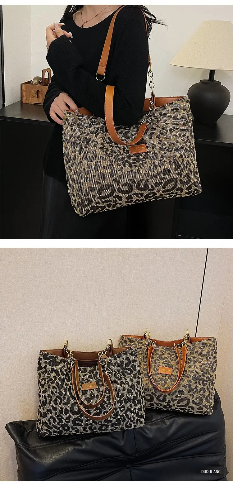 Leopard Print Women's Tote Bag Brown Leather Handle — feature 20