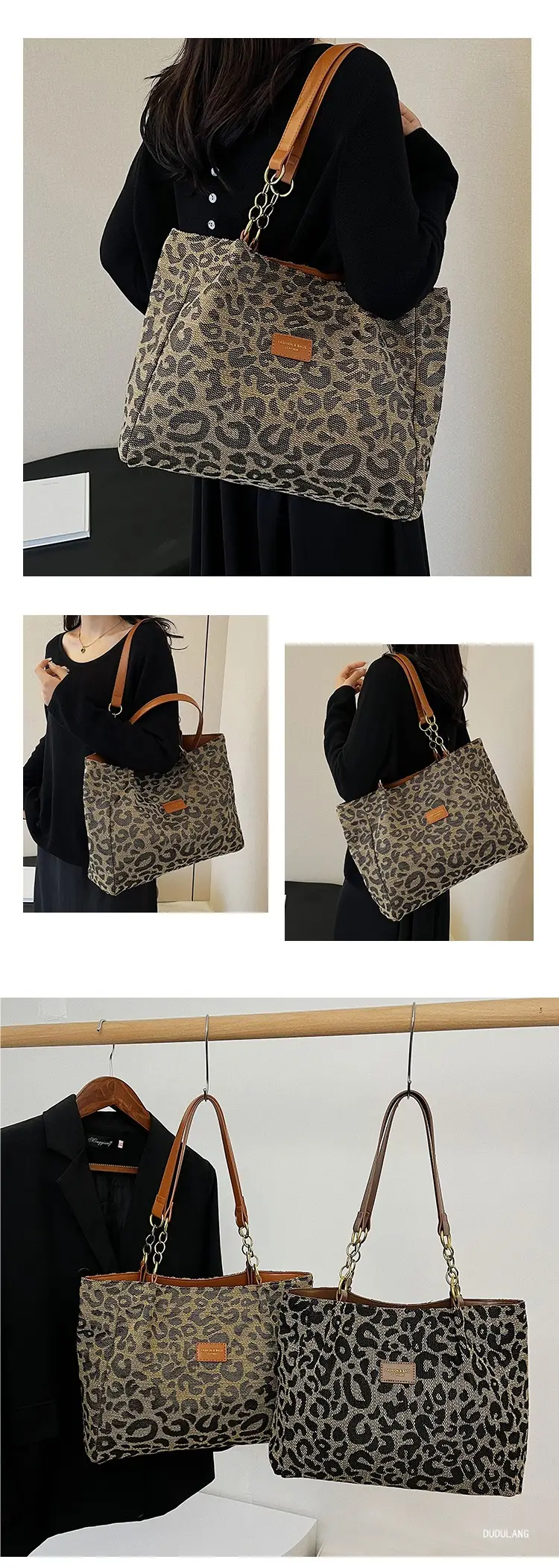 Leopard Print Women's Tote Bag Brown Leather Handle — feature 6