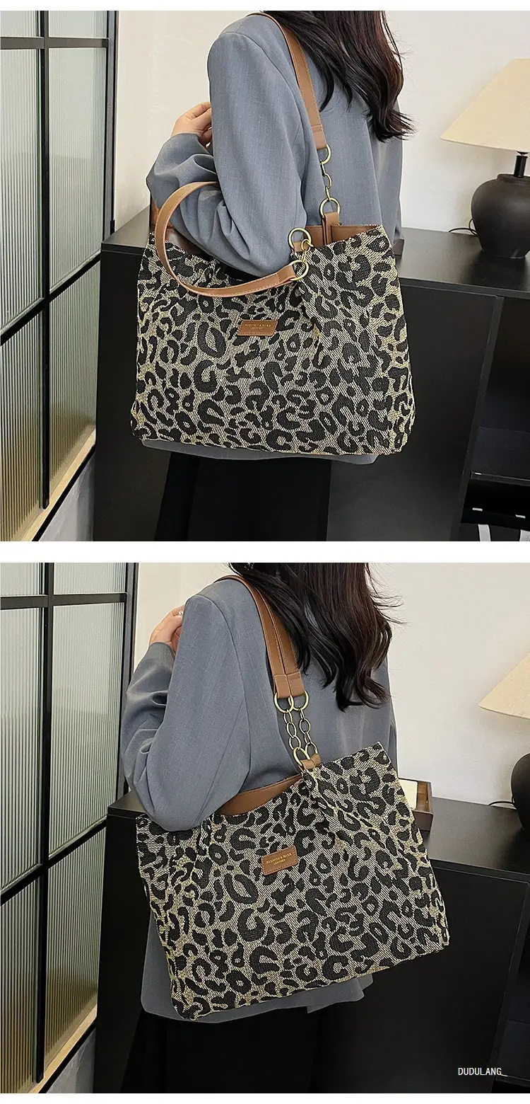 Leopard Print Women's Tote Bag Brown Leather Handle — feature 7