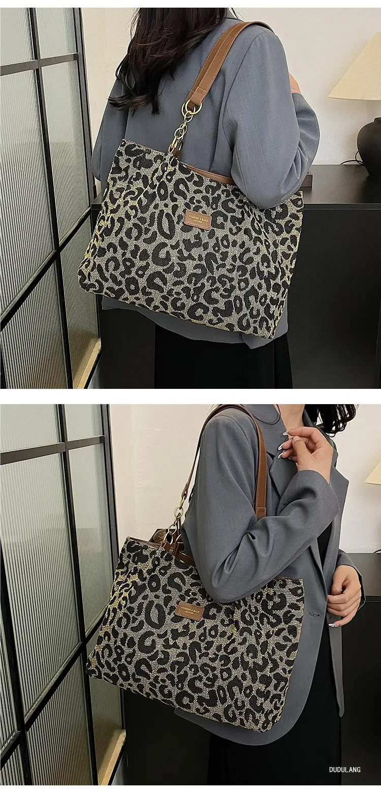 Leopard Print Women's Tote Bag Brown Leather Handle — feature 9