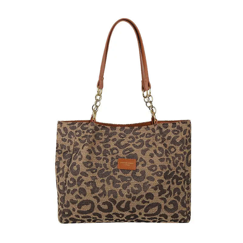 Leopard Print Women's Tote Bag Brown Leather Handle